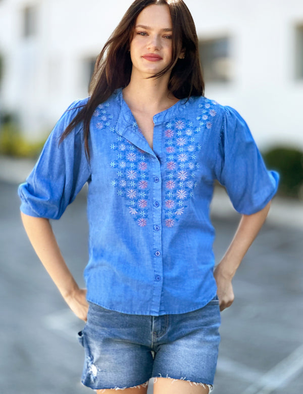 Hampton Embroidery Button Up Shirt in Regal Blue Front View