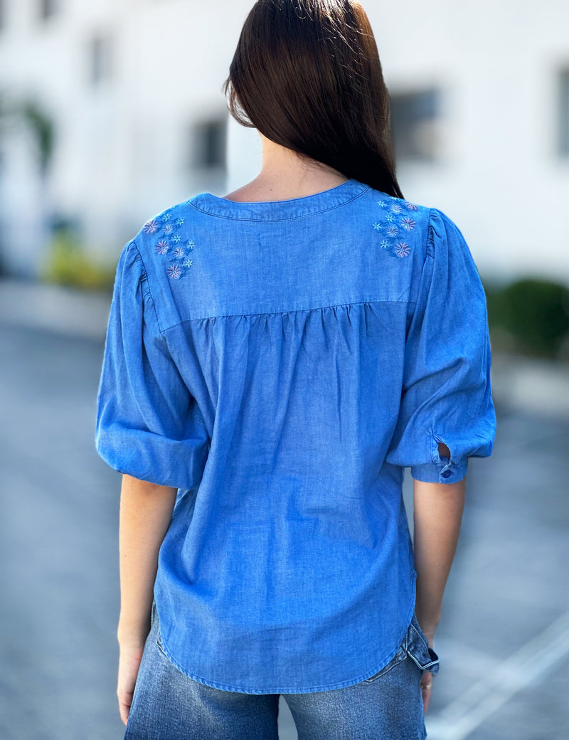 Hampton Embroidery Button Up Shirt in Regal Blue Back View