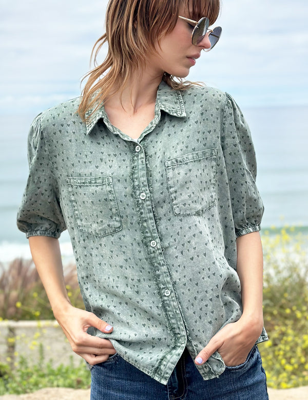 Women's Heart Print Made For You Button Front Top in Army Green Front View