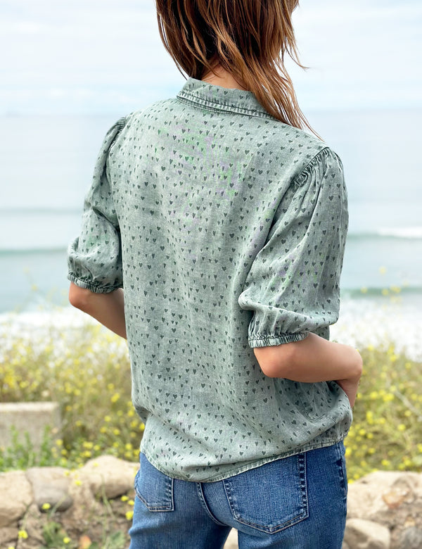 Women's Heart Print Made For You Button Front Top in Army Green Side View