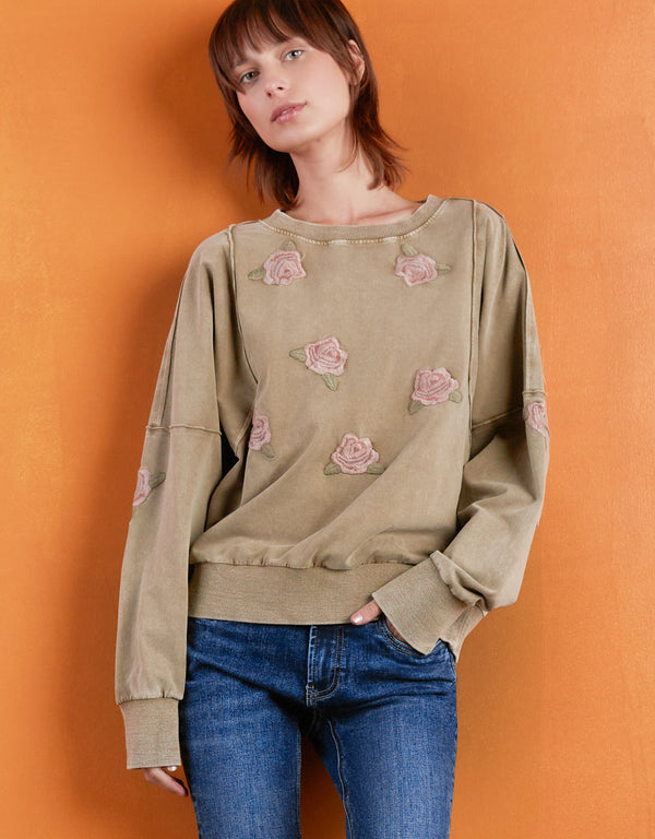 Cafe Floral Embroidery Sweatshirt Front View