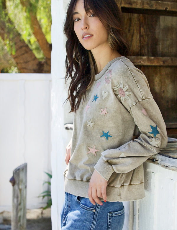 Floral, Star, and Heart Embroidery Sweatshirt in Latte Side Back View