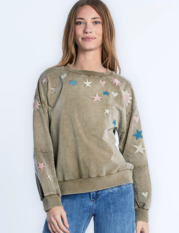 Floral, Star, and Heart Embroidery Sweatshirt in Latte Front View