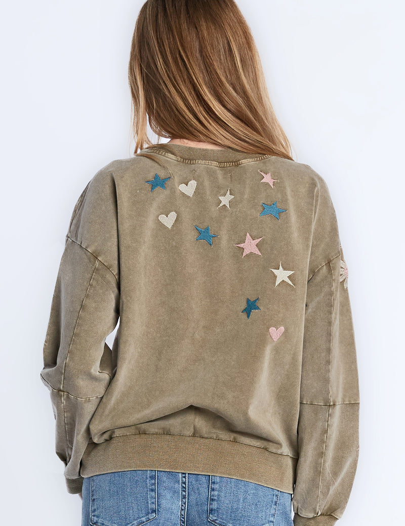 Floral, Star, and Heart Embroidery Sweatshirt in Latte Back View
