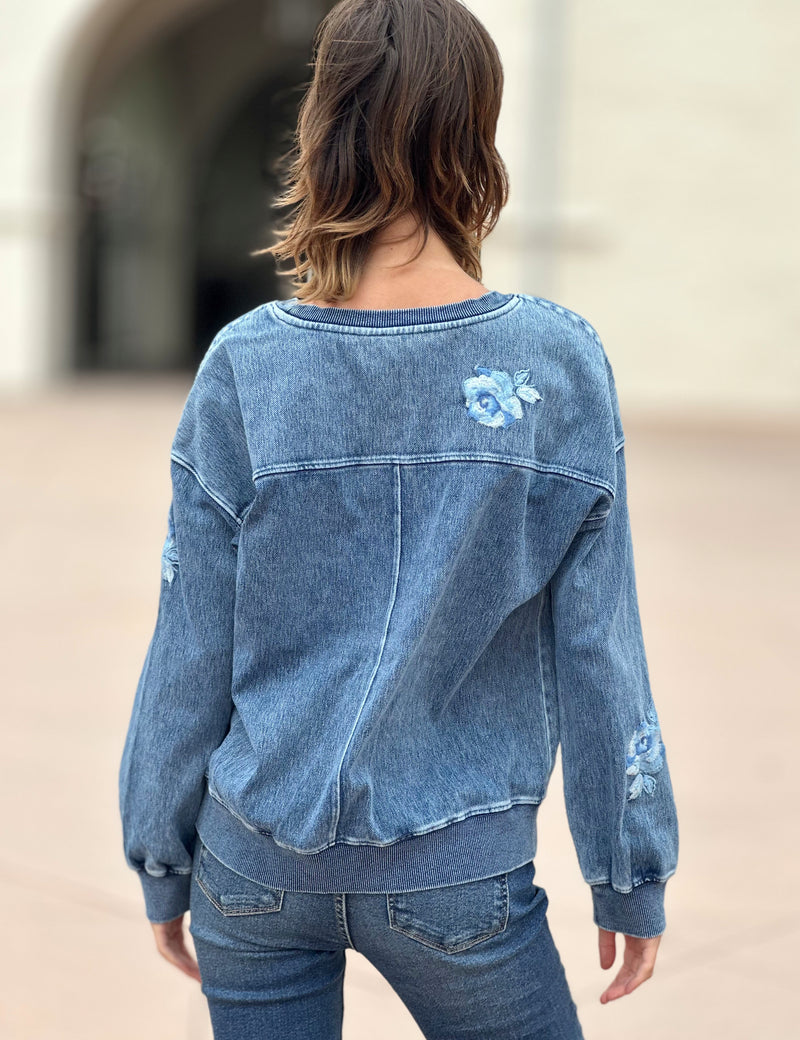 Women's Rose Embroidery Sweatshirt in Denim Color Back View