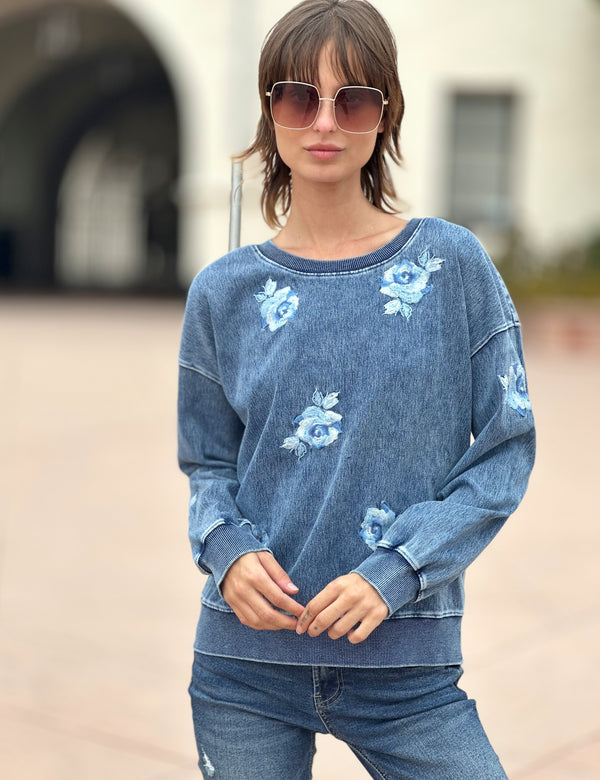 Women's Rose Embroidery Sweatshirt in Denim Color Front View
