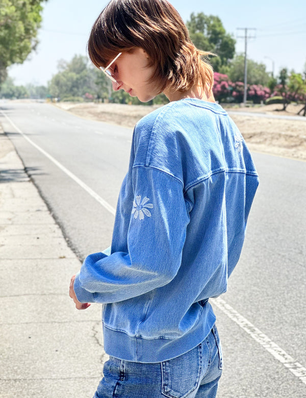 Daisy Embroidered Sweatshirt in Denim Color Side View