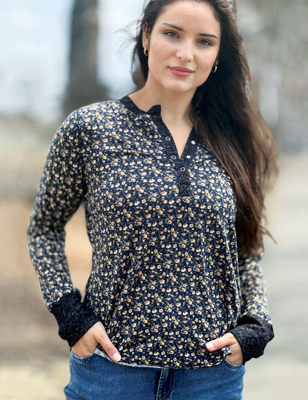 Ditsy Print Best Henley Long Sleeve Knit Tee Front View