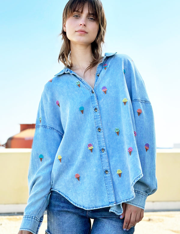 Ice Cream Embroidered Button Up Shirt in Denim Front View