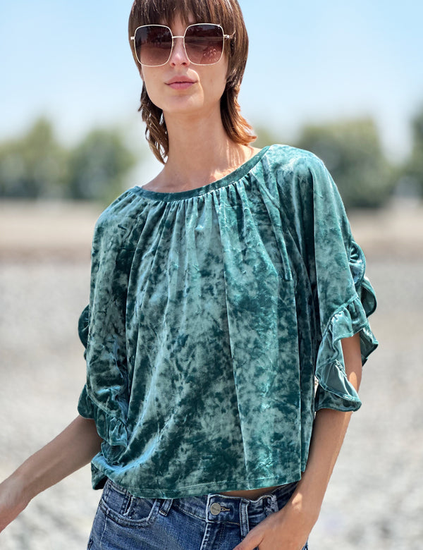 Boxy Velvet Ruffle Sleeve Tee in Emerald Front View