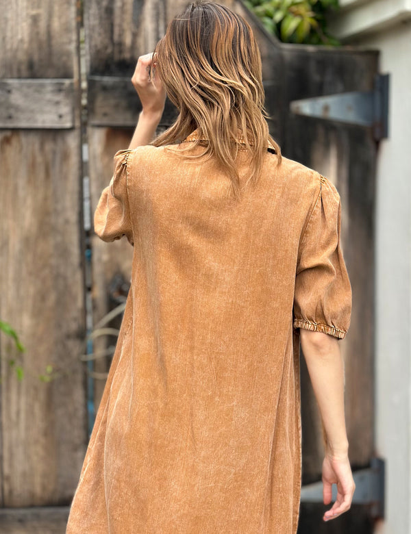 Women's Short Sleeve Freddie Mini Shirtdress in Sand Back View Close Up