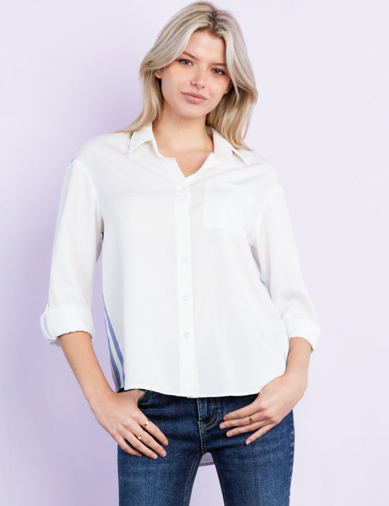 Women's Designer White Button Down Shirt with Striped Back