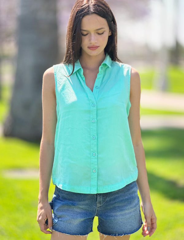 Sweet Sleeveless Button Front Shirt in Cool Mint Front View