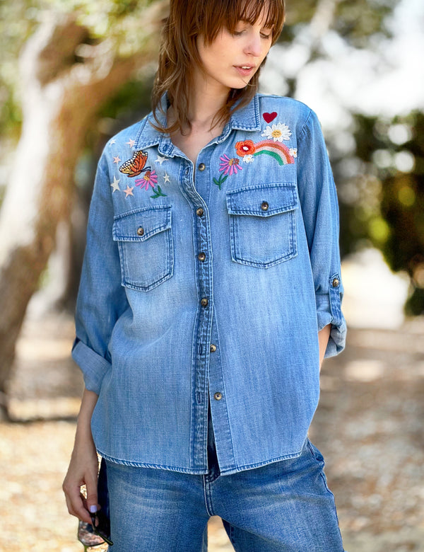 Happy Place Embroidery Denim Button Up Front View