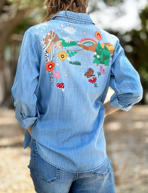 Happy Place Embroidery Denim Button Up Back View Close Up