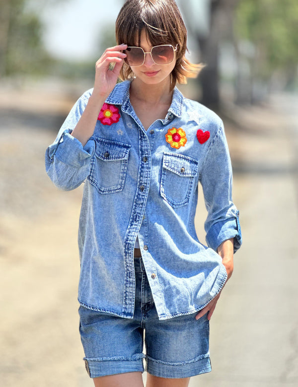 Birds of a Feather Embroidery Denim Button Up Shirt Front View