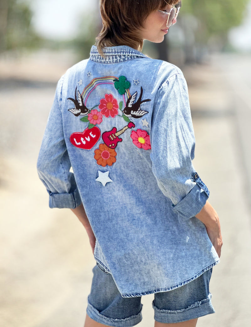 Birds of a Feather Embroidery Denim Button Up Shirt Back View