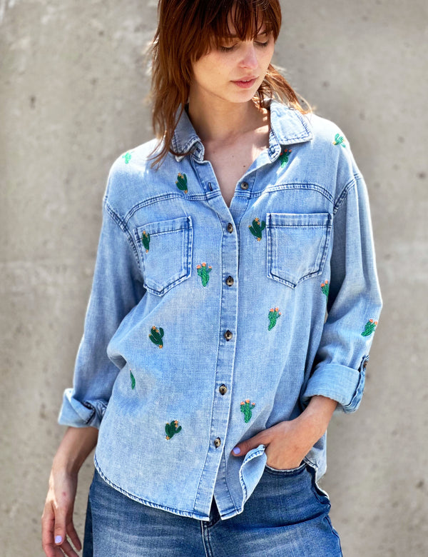 Cactus Embroidered Button Up Shirt in Denim Front View