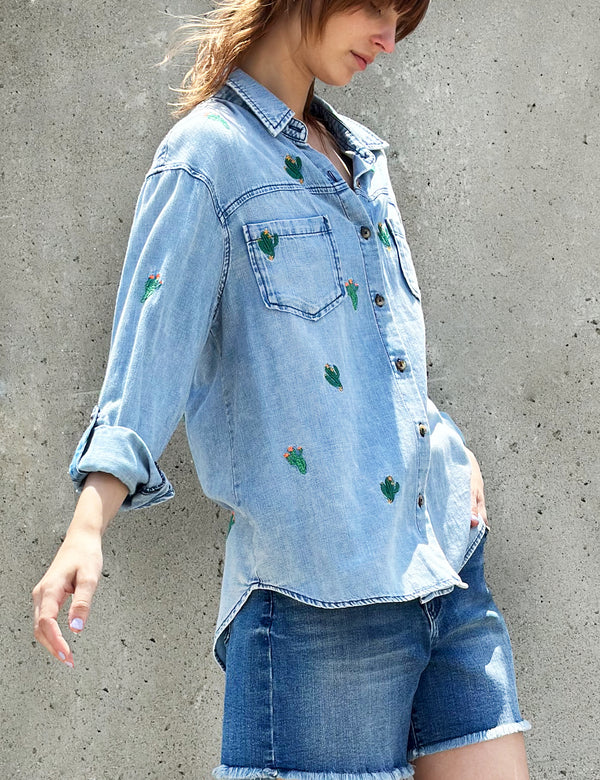 Cactus Embroidered Button Up Shirt in Denim Side View