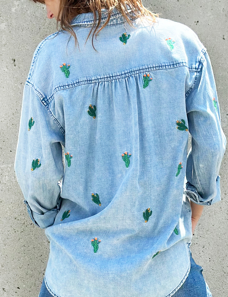 Cactus Embroidered Button Up Shirt in Denim Back View