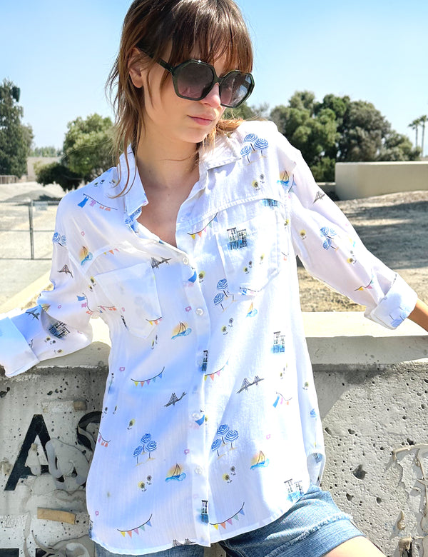 Vacation Print Button Up White Shirt Front View