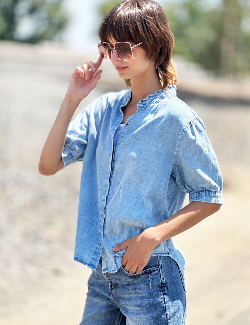Picnic Short Sleeve Button Up Denim Shirt Side Front View