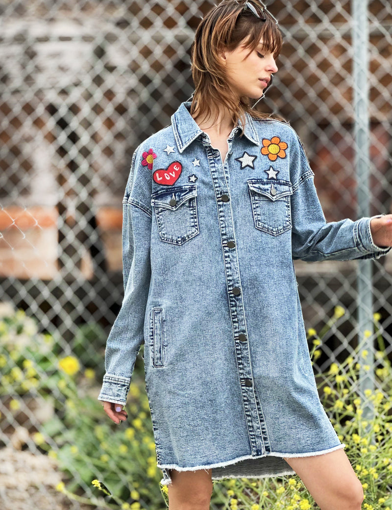Festival Denim Dress with Embroidery Front View