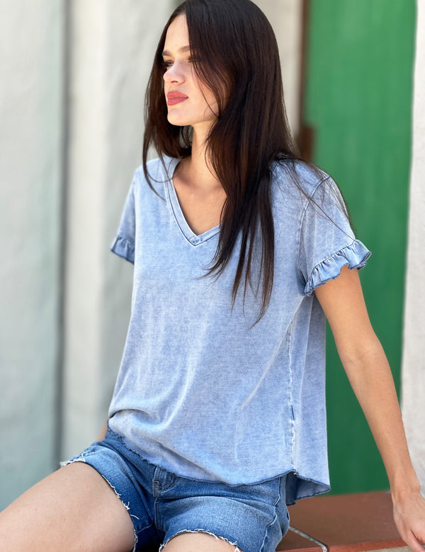 Women's Ruffle Sleeve V-Neck Tee in Denim Color Side View