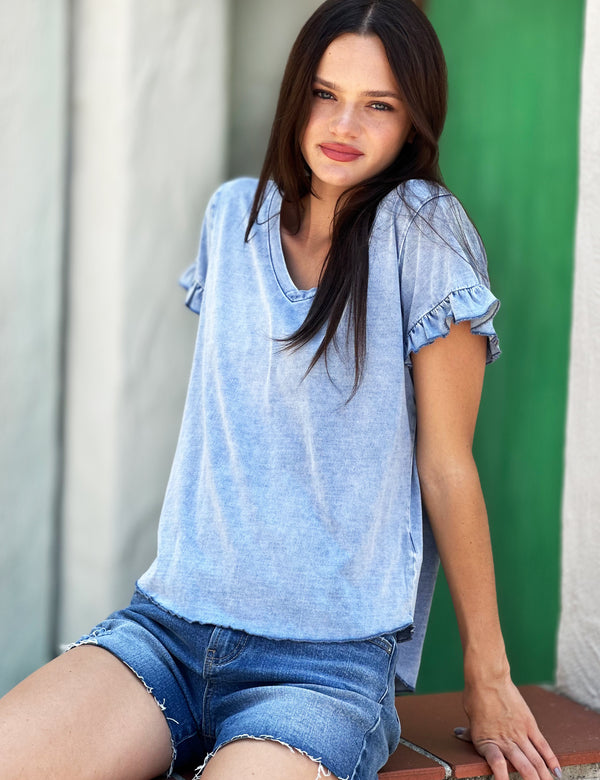 Women's Ruffle Sleeve V-Neck Tee in Denim Color Front View