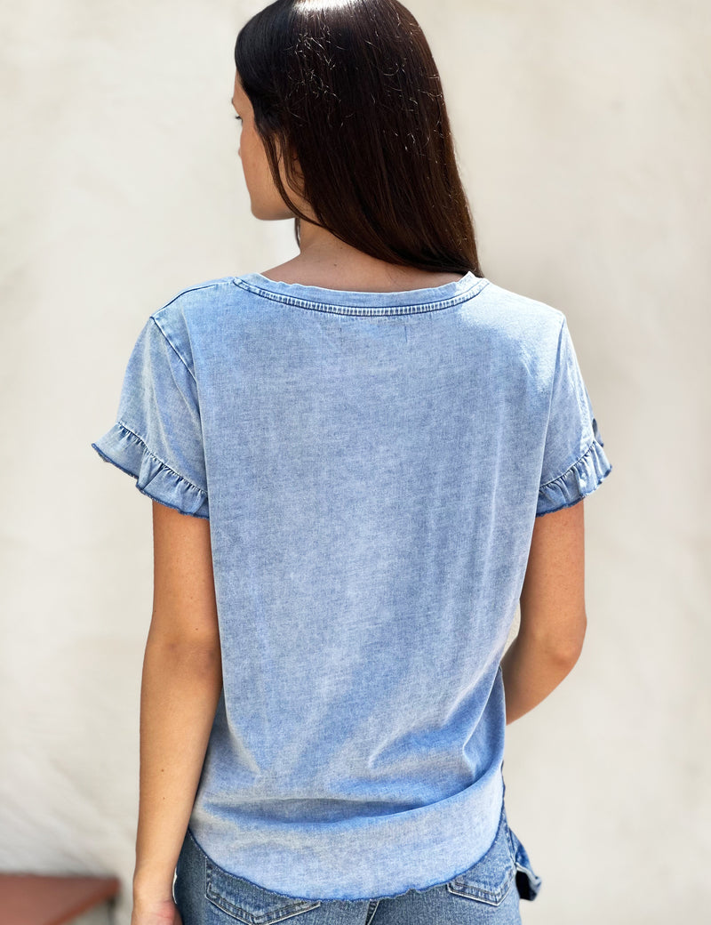 Women's Ruffle Sleeve V-Neck Tee in Denim Color Back View