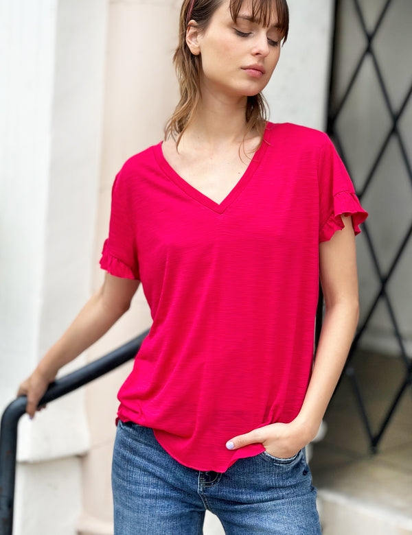 Ruffle Sleeve V-Neck Tee in Pomm Front View