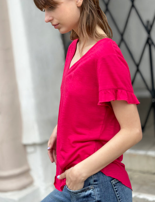 Ruffle Sleeve V-Neck Tee in Pomm Side View