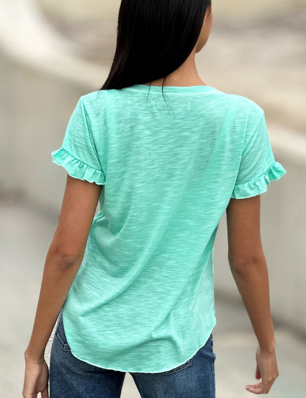 Ruffle Sleeve V-Neck Tee in Minty Back View