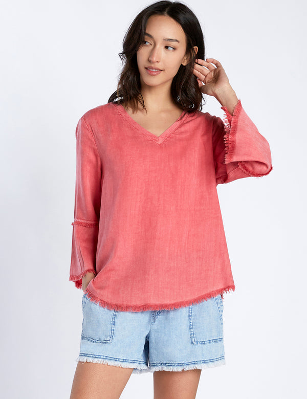 Flare Sleeve V-Neck Top in Strawberry Front View