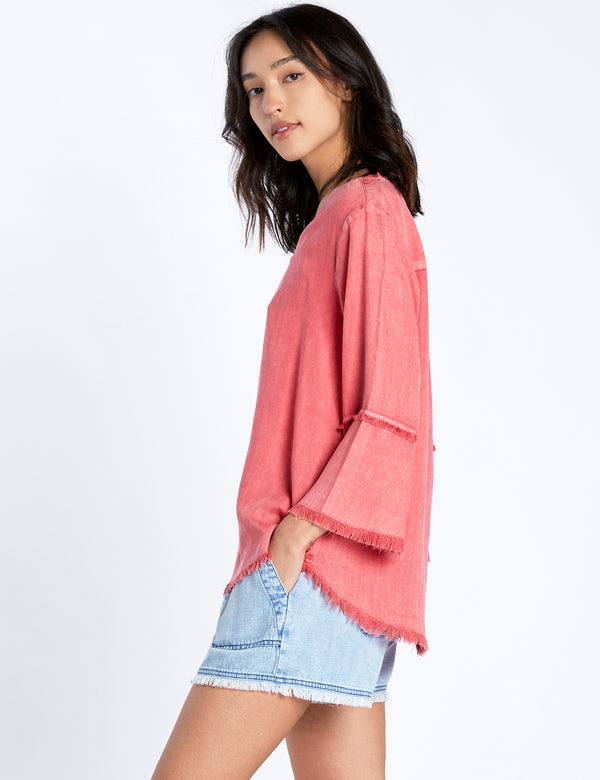 Flare Sleeve V-Neck Top in Strawberry Side View