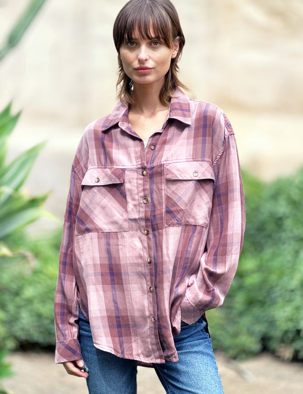 Stay Over Plaid Oversized Button Up Shirt Front View