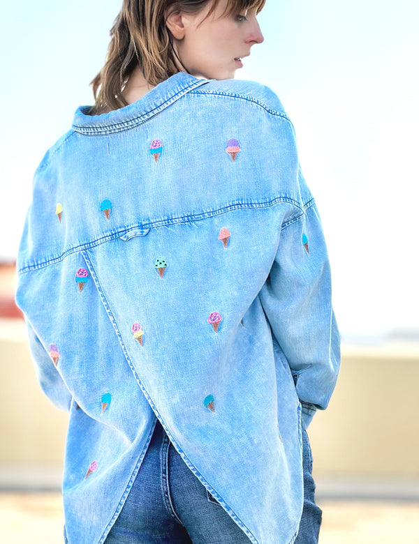 Ice Cream Embroidered Button Up Shirt in Denim Back View