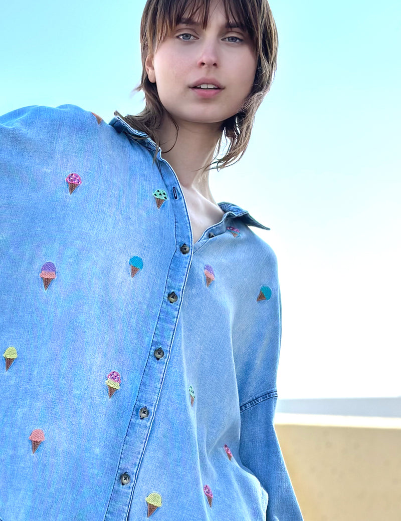 Ice Cream Embroidered Button Up Shirt in Denim Front View Close Up