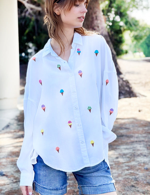 Ice Cream Embroidered Button Down Shirt Front View