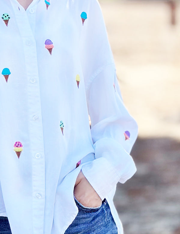 Ice Cream Embroidered Button Down Shirt Front View Close Up