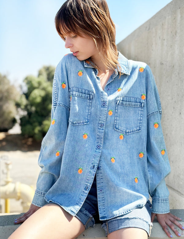Citrus Embroidered Button Up Denim Shirt Front View