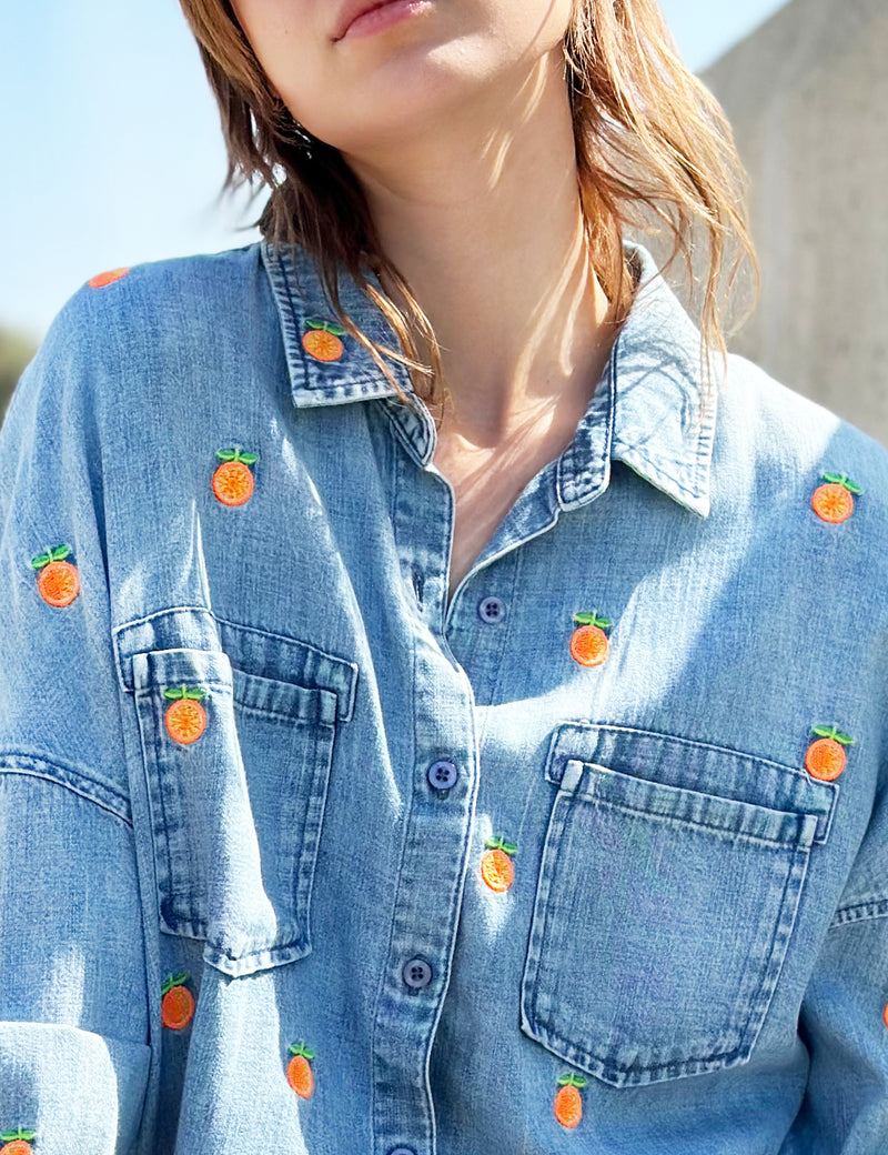 Citrus Embroidered Button Up Denim Shirt Front View Close Up