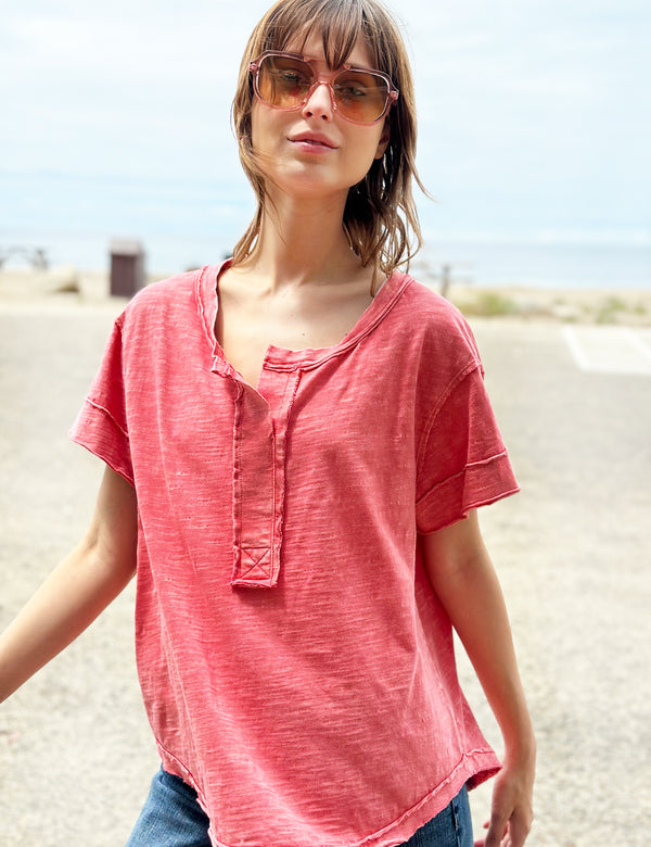 Charlie Knit Henley Short Sleeve Top in Melon Front View