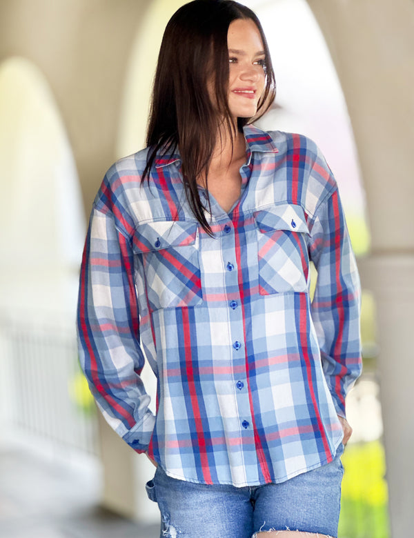 Perfect Plaid Oversized Button Up Shirt Front View