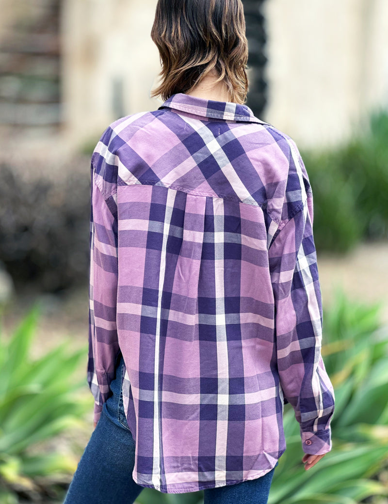 Tomgirl Purple Plaid Button Up Shirt Back View