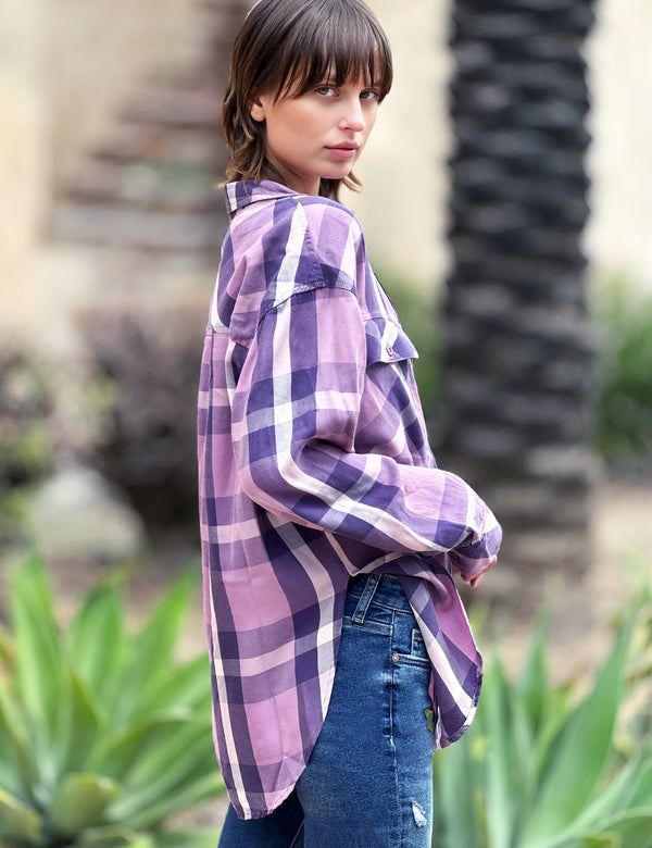 Tomgirl Purple Plaid Button Up Shirt Side View