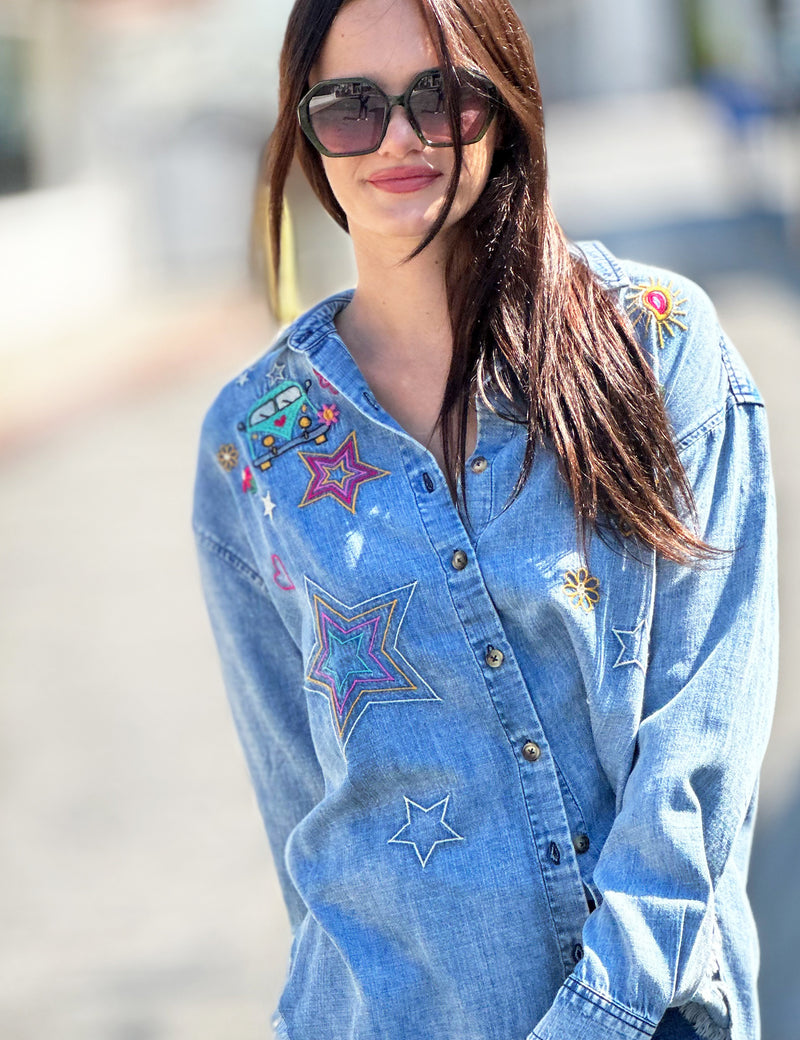 Hop On Embroidery Denim Button Up Shirt Front View