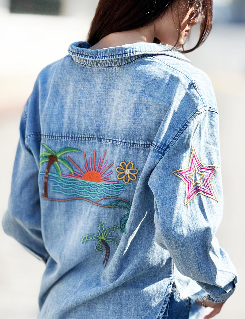 Hop On Embroidery Denim Button Up Shirt Back View