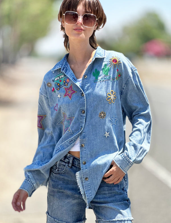 Hop On Embroidery Denim Button Up Shirt Front View