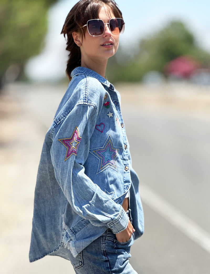 Hop On Embroidery Denim Button Up Shirt Side View